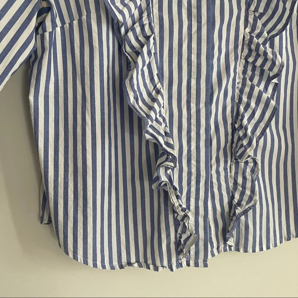 MADEWELL STRIPED RUFFLE FRONT BLOUSE BLUE WHITE - Picture 7 of 13